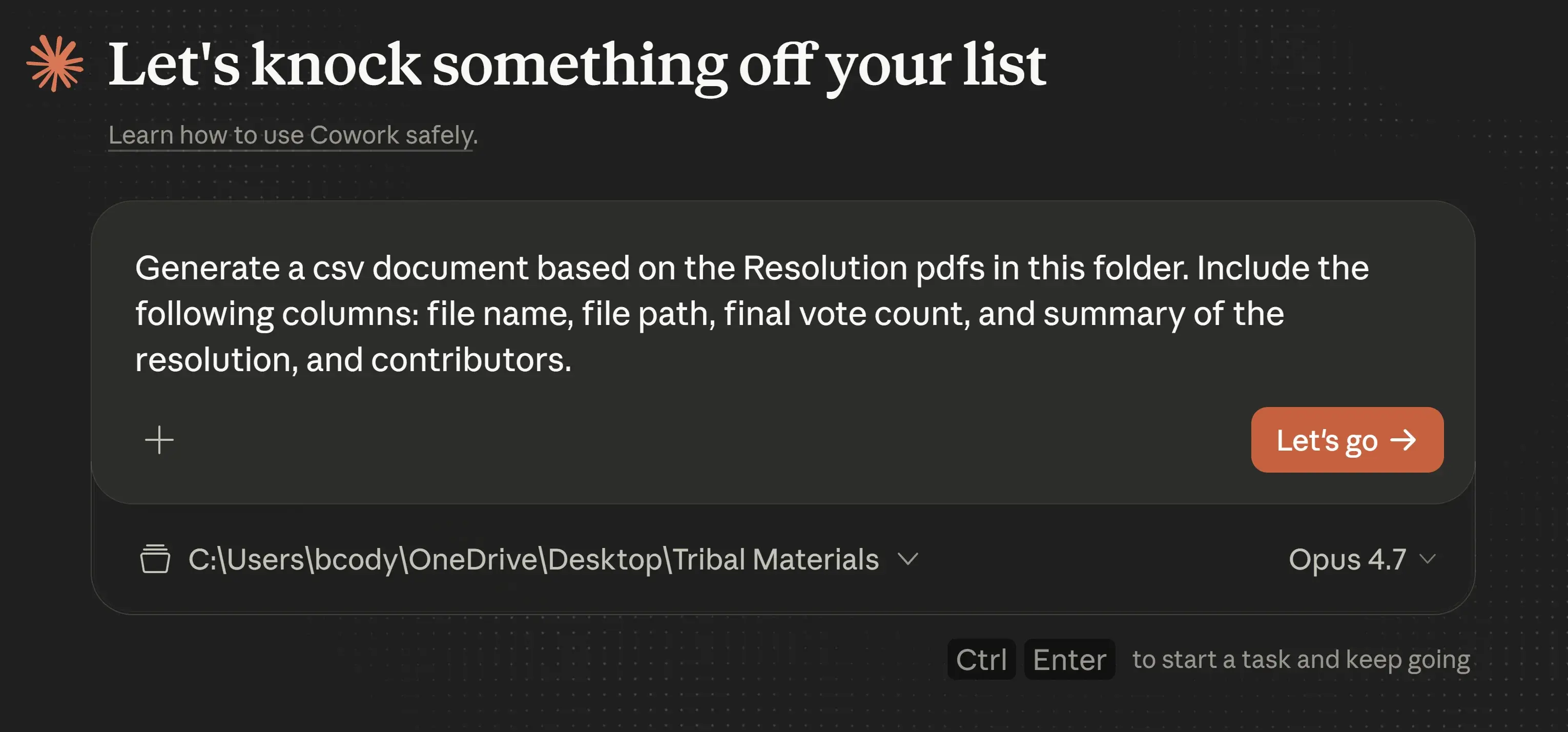 AI assistant interface generating a CSV from resolution PDFs